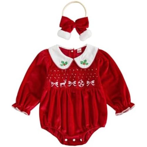Baby Girl Christmas Outfit Smocked Romper Doll Collar Bodysuit