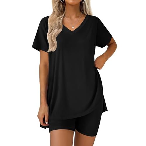 Ekouaer Pajamas for Womens Set 2 Piece Short Sleeve Matching Lounge Set | lightweight V-Neck Tops Pjs, Summer Loungewear, V-Neck Tops and Shorts Set, Comfy Sleepwear