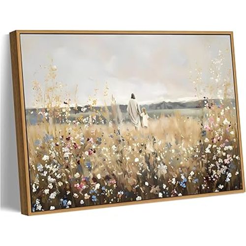 Framed Jesus Canvas Wall Art Jesus and Little Girl Walking in Flower Field Painting Pictures Christian Wildflowers Prints Religious Home Wall Decor for Living Room Bedroom Office Church