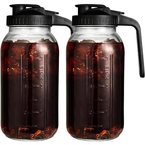 2 Pack 64 oz Glass Pitcher with Lid, Glass Half Gallon Jug for Fridge, Leak Proof Cold Foam Pitcher with Wide Mouth, 1/2 Gallon Pitcher for Iced Tea, Coffee and Juice (Black)