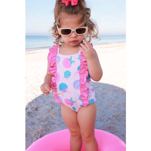 Double Ruffle Bow Back One Piece in Seaside Sweetie | Caden Lane