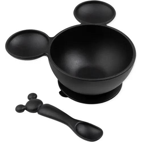 Bumkins Disney Mickey Mouse Bowl, Silicone First Feeding Set with Suction, Includes Spoon, Training Essentials for Baby-Led Weaning, Toddler Self-Feeding, Babies Eating at 4 Mos Up, Black