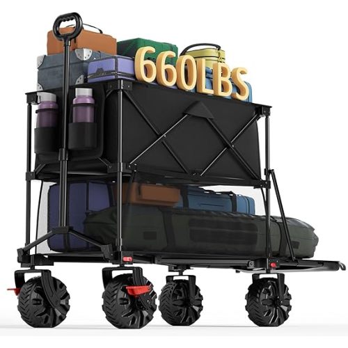 Portal Collapsible Large Double Decker Wagon with Brakes, 660lb Foldable Heavy Duty Utility Wagon Cart, 400L All-Terrain Big Wheels & 54" Extra Long Extender for Sports, Camping & Outdoor Use
