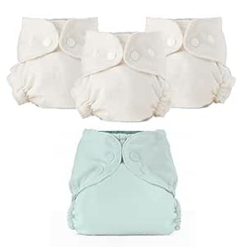 Esembly Cloth Diaper Bundle Set - 3 Organic Cotton Absorbent Inners and 1 Waterproof Outer Diaper Cover - Reusable, Washable, Snap Closure Cloth Diapers - Size 1 (7-17lbs), Mist