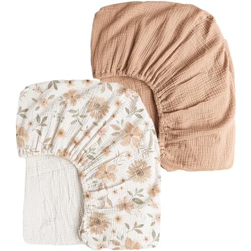 Konssy Muslin Crib Sheets 2 PCS 100% Cotton Baby Crib Sheets for Standard Crib Mattress (28" x 52"), Soft and Breathable for Boys, Girls (Toffee, Flourish)