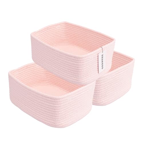 XUANGUO Small Woven Storage Baskets for Shelves, 13" x 9" x 5", Pink | Decorative rope storage bins for closets and toy storage; cute organizer baskets, empty gift baskets and nursery storage.