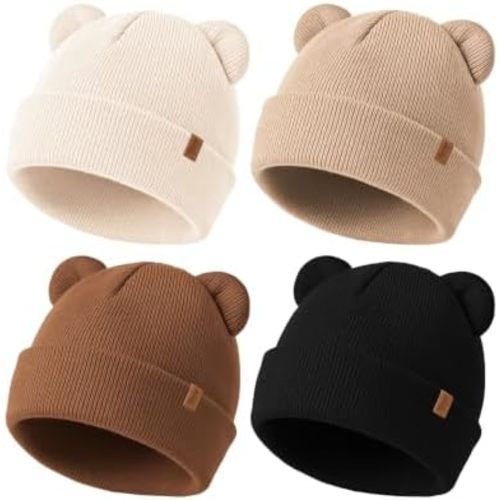 Konssy 4 Pack Baby Beanie with Bear Ear Warm Winter Hat for Newborn Infant
