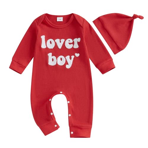 Lesimsam Newborn Infant Baby Boy Valentines Outfit Letter Embroidery Long Sleeve Waffle Knit Romper Jumpsuit with Hat