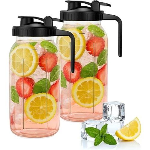 64oz Mason Jar Pitcher - Airtight & Leakproof Glass Pitchers with Handle and Lid, Perfect for Breastmilk, Cold Brew and Sun Tea for Outside,2 Quart Mason Jar with Pour Spout Lid,1/2 Gallon Water Jug