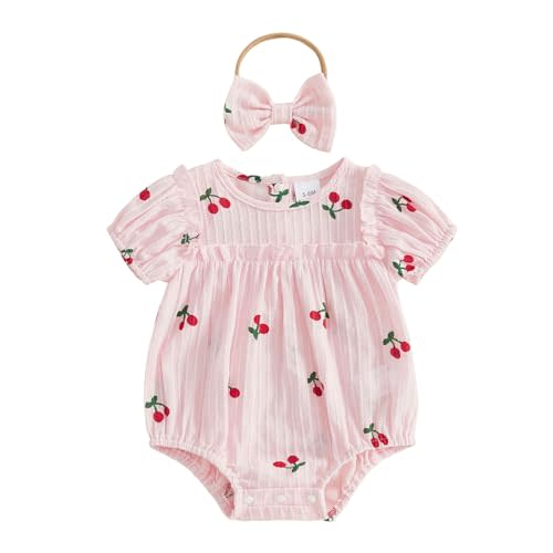 CIYCUIT Baby Girl Cherry Romper Outfit with Headband Newborn Infant Summer Short Sleeve Bubble Bodysuit Clothes