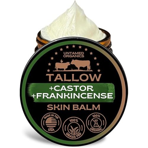 Untamed Organics Beef Tallow Balm for Skin & Face with Castor Oil & Frankincense - 100% Grass-Fed Tallow Face & Body Moisturizer for Dry Sensitive Skin - 2 oz