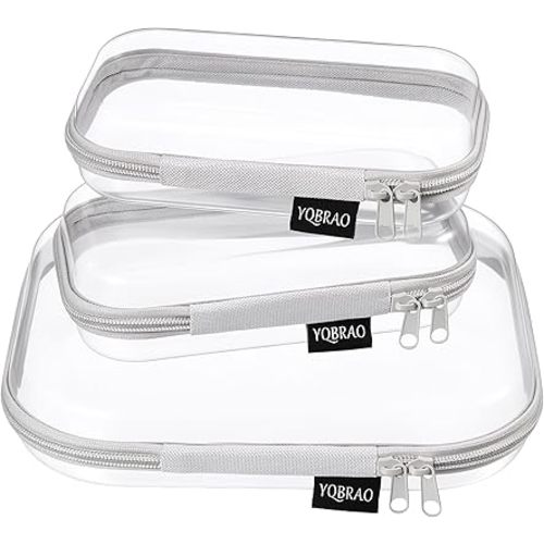 YQBRAO 3-Pack Clear Hard Shell Zipper Case - Grey Edition, 1.2mm Heavy-Duty Crush-Proof Travel Makeup Bag, TSA Approved Clear Zipper Pouches, Rigid Diaper Bag Organizer for Tech & Daily Essentials