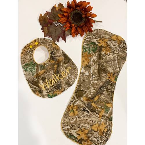 Camouflage hunting Baby toddler Bib & contour burp cloth set made in brown camo cotton print with minky back, personalized baby shower gift
