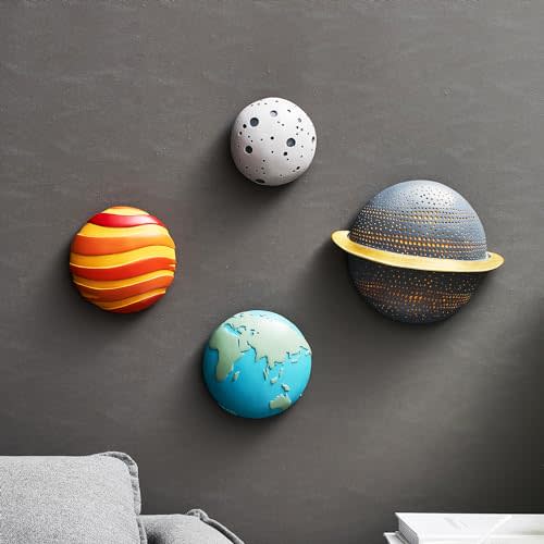 AWNR Planet Statue: 4Pcs Solar System Sculpture 3D Space Room Decor Earth Wall Hanging Decoration for Kids