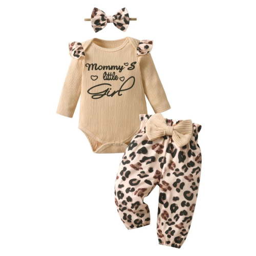 Infant Baby Girl Clothes Letter Long Sleeve Ruffle Romper Print Pants Set 3Pcs Beige 3-6 Months