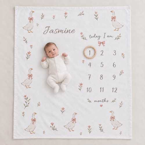 Personalized Goose Milestone Blanket, Baby Girl Monthly Milestone Blanket, Custom Name Floral Baby Blanket, Pink Bow Nursery Gift