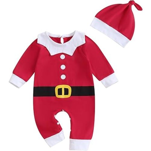 Newborn Baby My First Christmas Outfit Boy Girl Elf Santa Claus One Piece Romper Jumpsuit with Hat Infant Xmas Outfit (A Red 2, 3-6 Months)