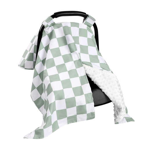 Infant car seat cover, ultra-soft and warm winter infant car seat cover, infant car seat cover with peephole, nursing cover car seat sunshade, green checkered pattern.