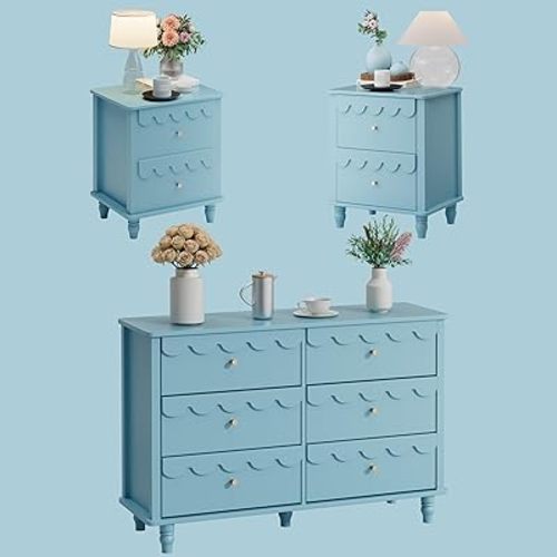 Anbuy Bedroom Sets 3 PCS Scalloped 6 Drawer Dresser and Night Stand Sets for Bedroom, Two Drawers Nightstand Set of 2 & 6 Drawer Dresser Combo 3 Pieces (Blue)