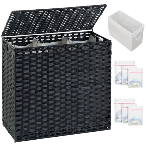 SETVSON Laundry Hamper with Lid Laundry Basket 132 L (35 Gal) Wicker Clothes Hamper, Handwoven Rattan Hamper with Handles and 4 Removable Liner Bags, 6 Mesh Bags for Laundry Bedroom Black