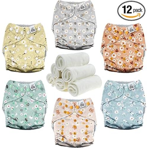 Mama Koala 3.0 Pocket Cloth Diapers for Babies with AWJ Lining, 6 Pack with 6 4-Layer Natural Cloth Diaper Inserts - Reusable and Washable Pocket Diapers(Garden Beetles)