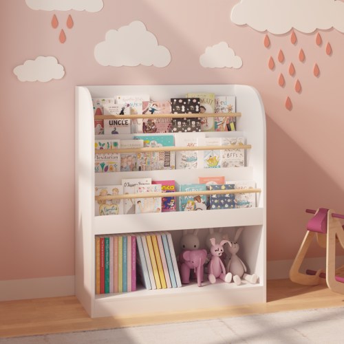 Front-Facing Kids Bookshelf, 3-Tier Wooden Book Display Shelf with Bottom Storage, Child-Safe Bookcase for Toddler Bedroom Playroom Nursery