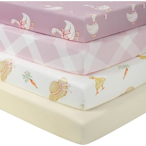 Mini Crib Sheets 38" x 26", Pack and Play Sheets Fitted for Pack n Play Mattress,4 Pack Soft Stretchy Microfiber Sunny Farmyard Waddle