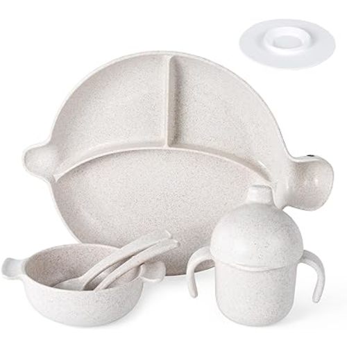 MISS BIG Baby Feeding Set,Toddler Plates with Suction,7Pcs Baby Led Weaning Supplies,Bowl,Cup,Spoon,Fork,Dishwasher Safe & Microwave Safe,No BPAs & No Chemical Dyes Kids Plates and Bowls Set
