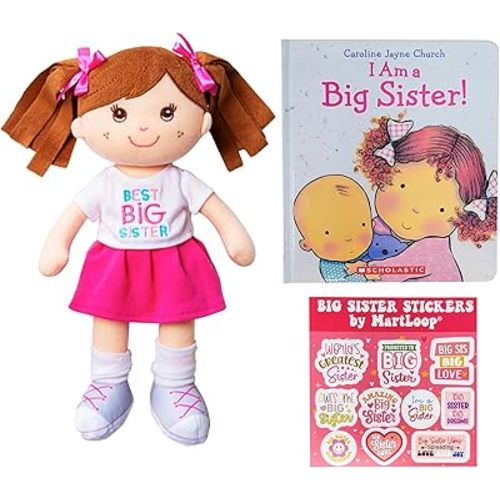 MartLoop Best Big Sister Doll Bundle - Includes Doll, Book, and Stickers – Perfect Sibling Gift from Baby or Toddler, 3 Piece Bundle