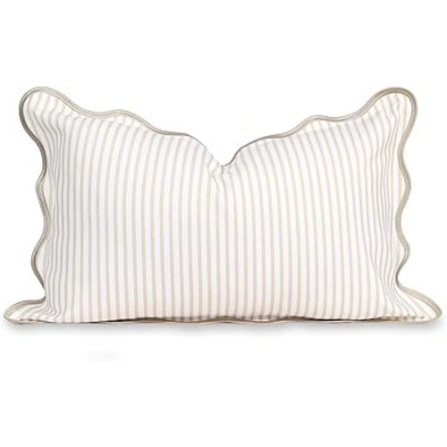 Hofdeco Premium Coastal Patio Indoor Outdoor Scalloped Lumbar Pillow Cover Only, 12"x20" Water Repellent for Backyard, Couch, Neutral Tan Print Stripes