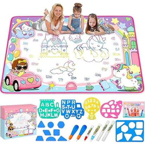 Water Doodle Mat- Kids Painting Writing Doodle Board Toy - Color Drawing Mat Bring Magic Pens Educational Toys for Age 2 3 4 5 6 7 8 9 Year Old Girls Boys Toddler Present