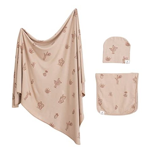 Leyl&Ari Newborn Essentials | Swaddle Blanket Burp Cloth Hat Set (Daises/Butterflies) (Cactus Set)