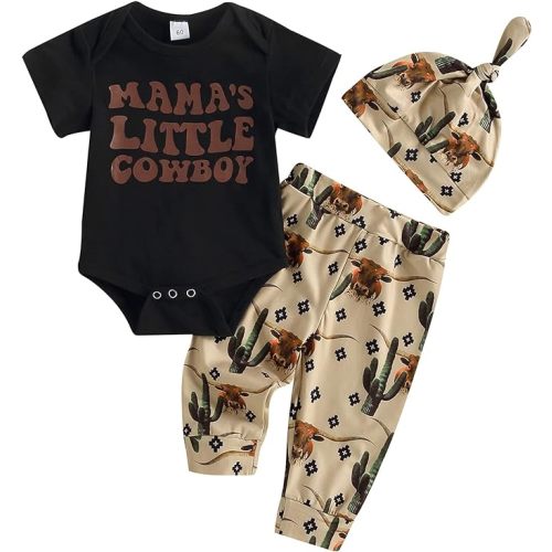 SAYOO Western Newborn Baby Boys Cowboy Outfit Cow Print Letter Bodysuit Long Leggings Cap 3pcs Infant Boy Country Clothes