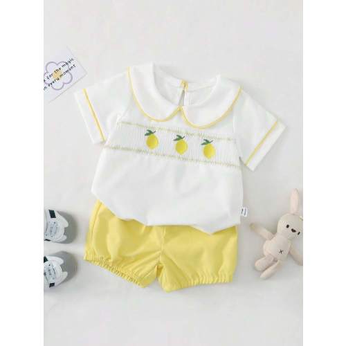 SHEIN Playful Pals 2pcs Baby Boy White Summer Cute Family Matching Fruit Print & Striped Short Sleeve Shirt And Shorts Set Page Boy Formal Party Newborn 1st Birthday | SHEIN USA