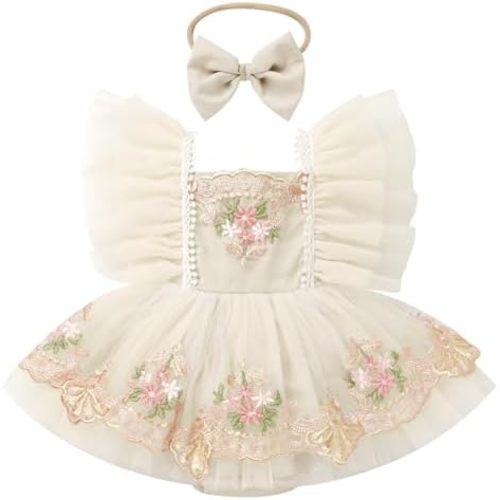 ODASDO Baby Girls First Birthday Party Dress Newborn Tulle Tutu Romper Floral Embroidery Bodysuit Cake Smash Outfit