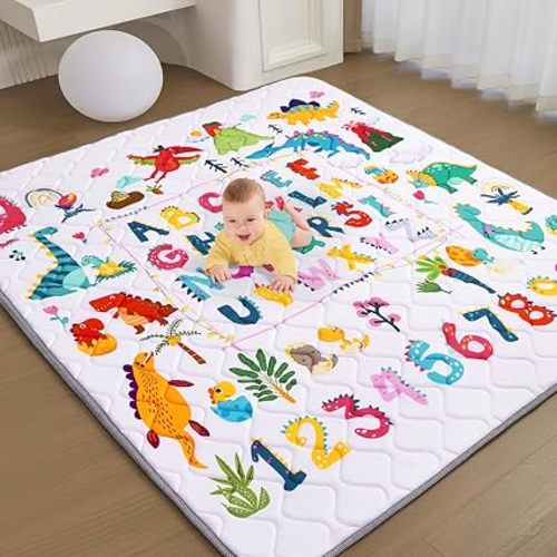 Baby Play Mat - Thicken 50x50 Inch Soft Foam Crawling Mat for Playpen & Floor, Non-Slip Waterproof Playmats for Infants & Toddlers, Portable Foldable & Machine Washable, Dinosaur & Letters