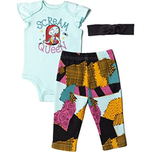 Disney Nightmare Before Christmas Zero Sally Jack Skellington Baby Girls Bodysuit Pants and Headband 3 Piece Outfit Set