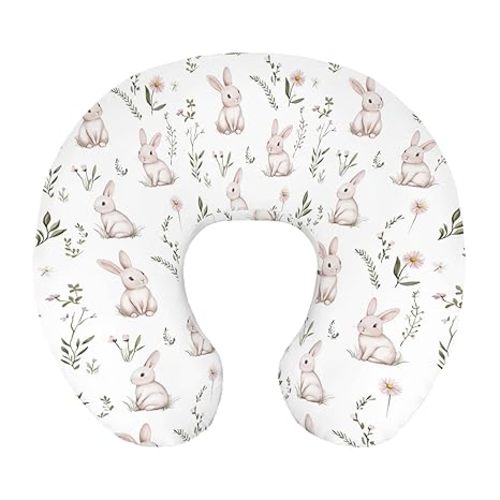 Cute Bunny Daisy Floral Nursing Pillow Cover Ultra-Soft Comfortable for Baby Girls Boys Rabbits Wildflowers Leaves Pillow Slipcover for Breastfeeding Moms for Newborn Infant