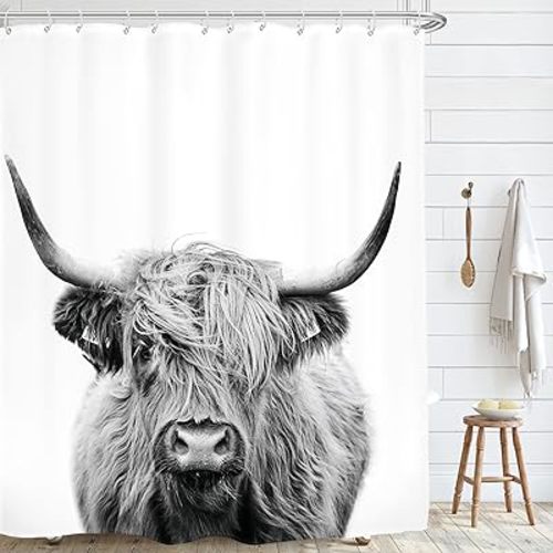 AMBZEK Highland Cow Shower Curtain 60Wx72L Inch Rustic Bull Portrait Western Farmhouse Cattle Country Restroom Accessories Funny Cute Farm Animal Grey White Fabric Bathroom Decor Set with 12 Hooks