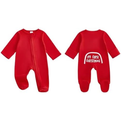Newborn Baby Boy Girl Christmas Outfit Long Sleeve Zipper My First Christmas Footie Romper Jumpsuit Xmas Clothes