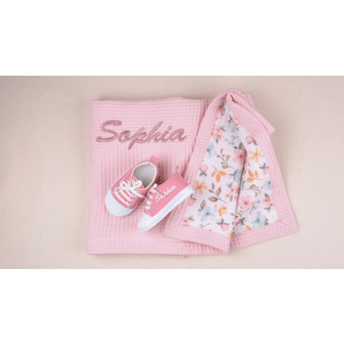 Personalized Baby Gift Set - Waffle Blanket & Canvas Shoes - Pink