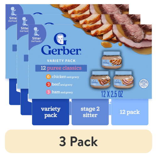 (3 pack) Gerber 2nd Foods Puree Favorites, Beef, Turkey, Ham and Chicken Baby Food Variety Pack, 2.5 oz Jars (12 Pack)