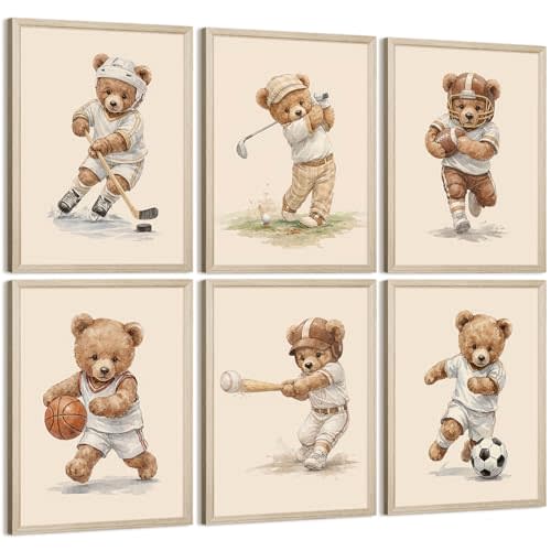 Teddy Bear Nursery Wall Decor Baby Boy Room Wall Art Vintage Sports Canvas Posters Teddy Bear Boy Prints Nursery Baby Pictures Painting Golf Artwork for Children Playroom 12x16 Inch Framed Set of 6