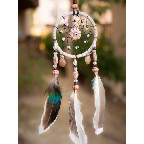 Aiyana Small Beige Dreamcatcher With Wooden Beads & Brown Feathers Tiny Space Decorations