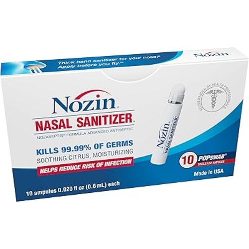 Nozin® Nasal Sanitizer® Antiseptic Popswab® Ampules 10ct Pack | Kills 99.99% of Germs | Alcohol Based 62%