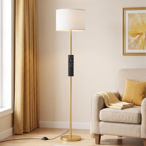 Ambimall Dimmable Floor Lamp for Living Room with Remote, 9W 900LM LED Bulb Included, White Shade Gold Pole