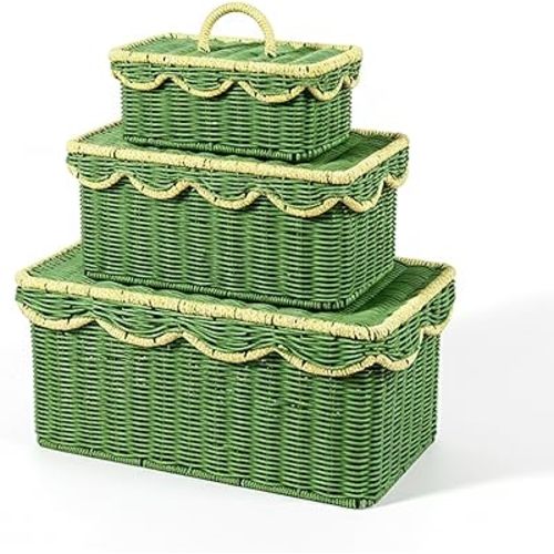 Scalloped Hyacinth Wicker Basket for Toy Storage | 3 Pack Woven Storage Baskets | Decorative Storage Baskets for Shelves | Rattan Baskets for Bedroom By Novahavensnest (Beige & Green Liner)