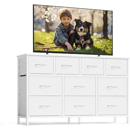 SONGMICS BELLAH Collection - Dresser for Bedroom, Chest of Drawers, TV Stand for TVs Up to 55 Inches, Living Room, Closet, 10 Drawers, Modern, Cloud White ULGS333WH02S