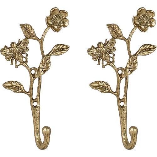 SOFFEE DESIGN 2pcs Metal Dark Gold Coat Hooks with 3D Bee & Flowers Shape, for Entryway, Bathroom, Bedroom Farmhouse Decoration
