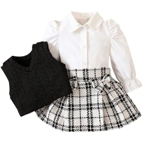 ChuYuKu Baby Girl Fall Clothes 6M-4Y Puff Sleeve Blouse+Tartan Pleated Skirt+Vest Set, Infant Toddler Girl Outfits